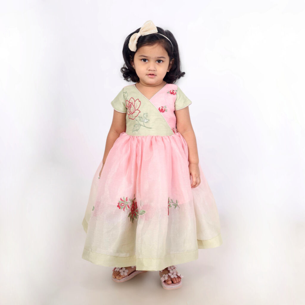 Flared dual tone rose embroidery kids frock princess look