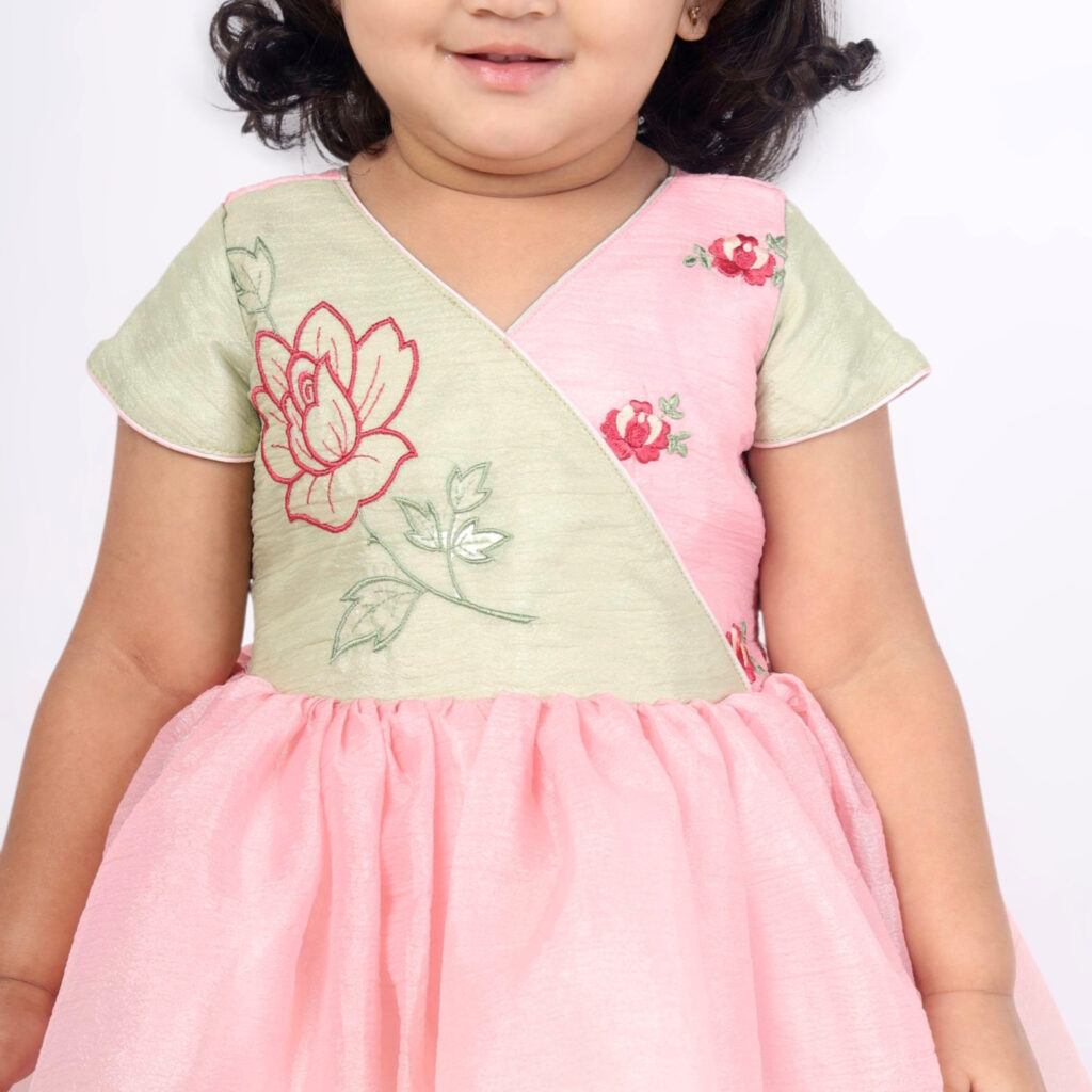 Rose embroidery detail dual tone kids frock designer wear