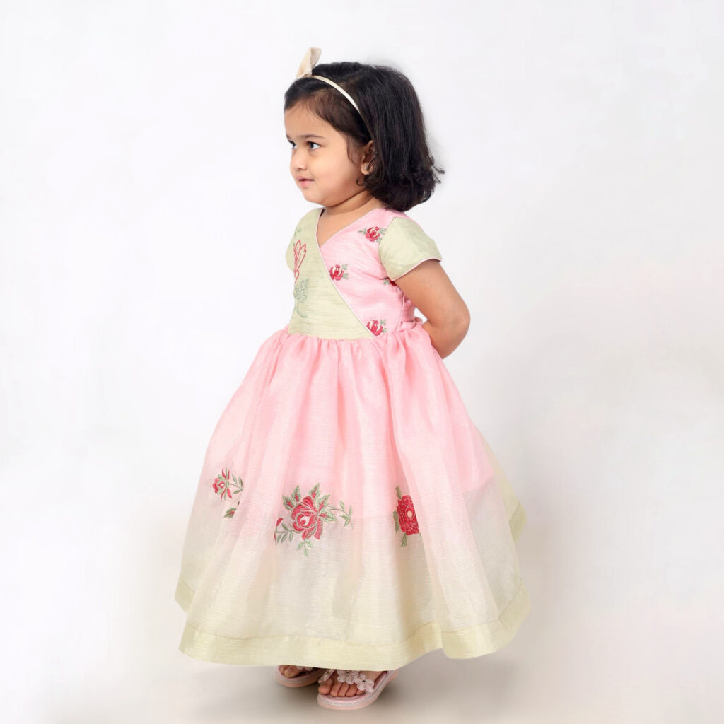 Crushed fabric dual tone pink green kids frock party wear