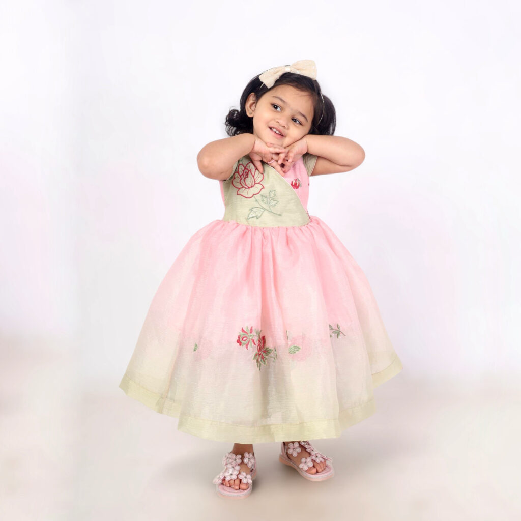 Designer dual tone rose mist kids frock birthday party dress