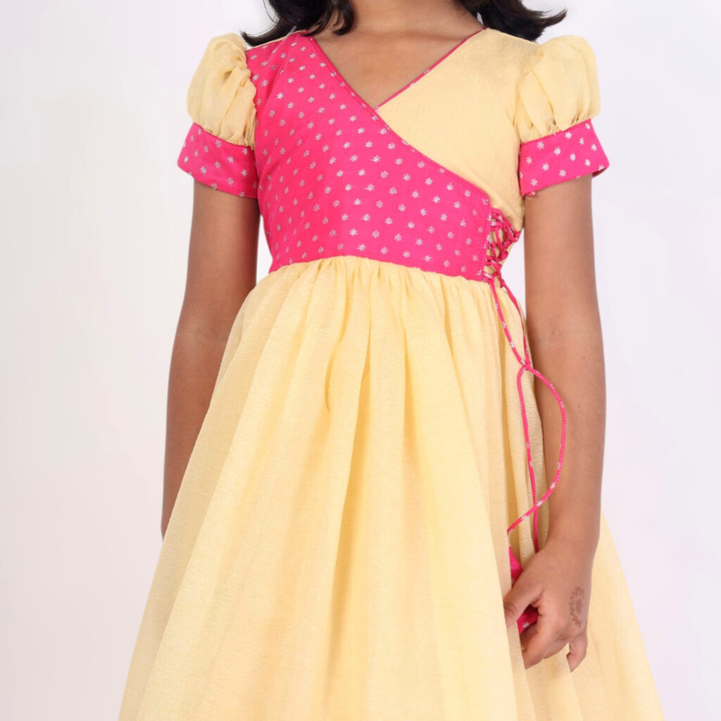 Bodice detail girls pink polka festive long frock