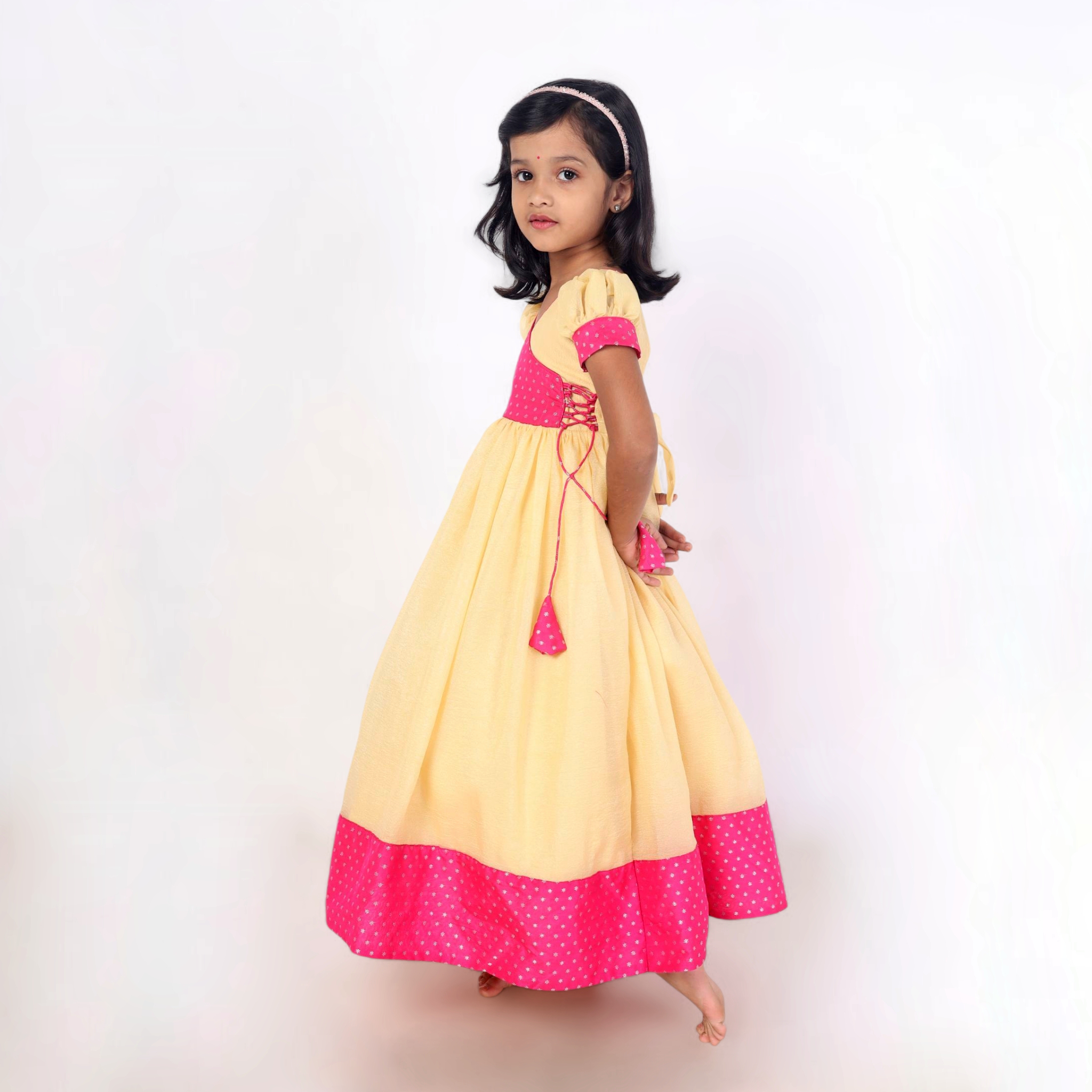 Yazh Nila | Sunshine Pink Polka Long frock - Image 4