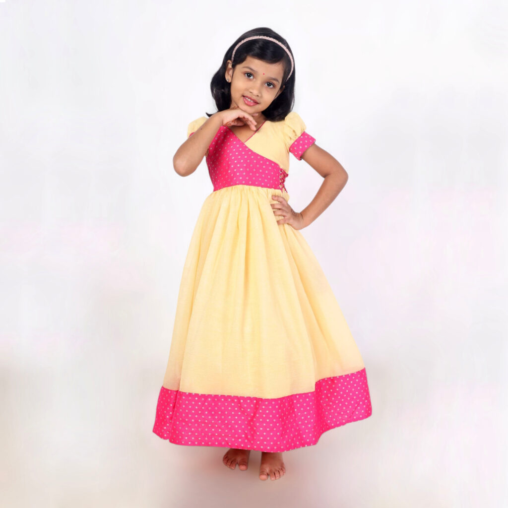 Yazh Nila sunshine pink long frock for girls