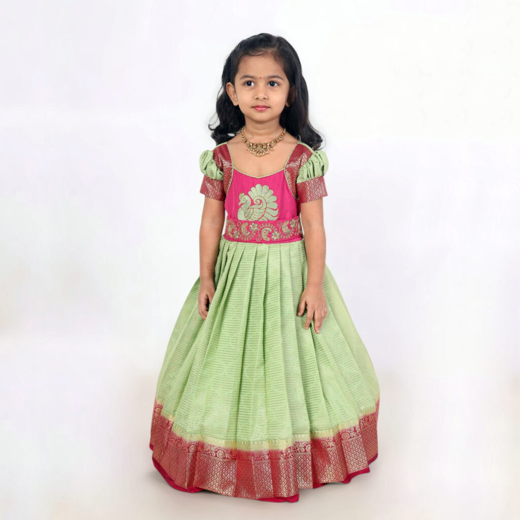 Full length green crepe silk girls festive long gown customisable design 1