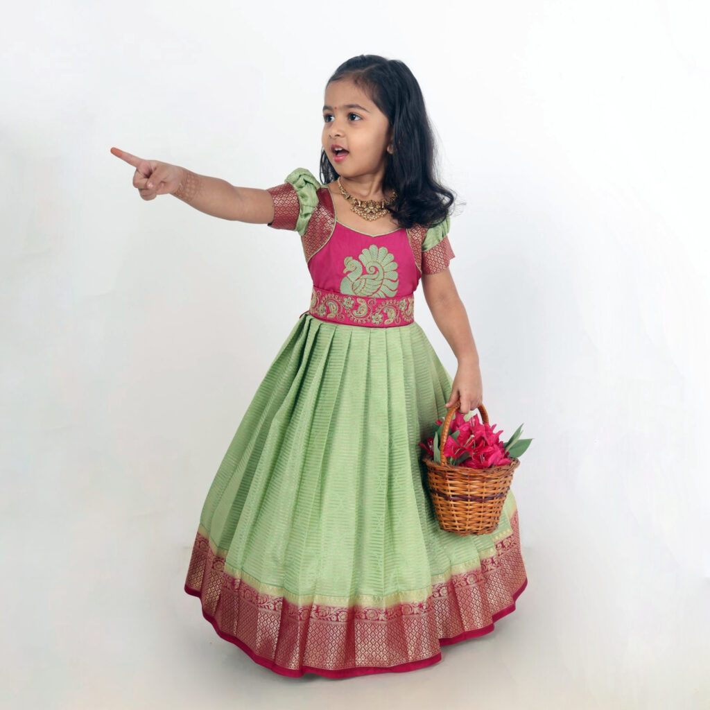 Full length green crepe silk girls festive long gown customisable design