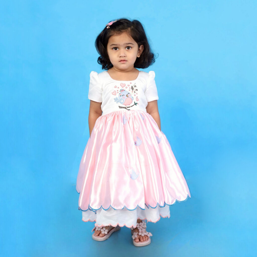 Front view 1 of Aura organic satin kids frock with bird embroidery