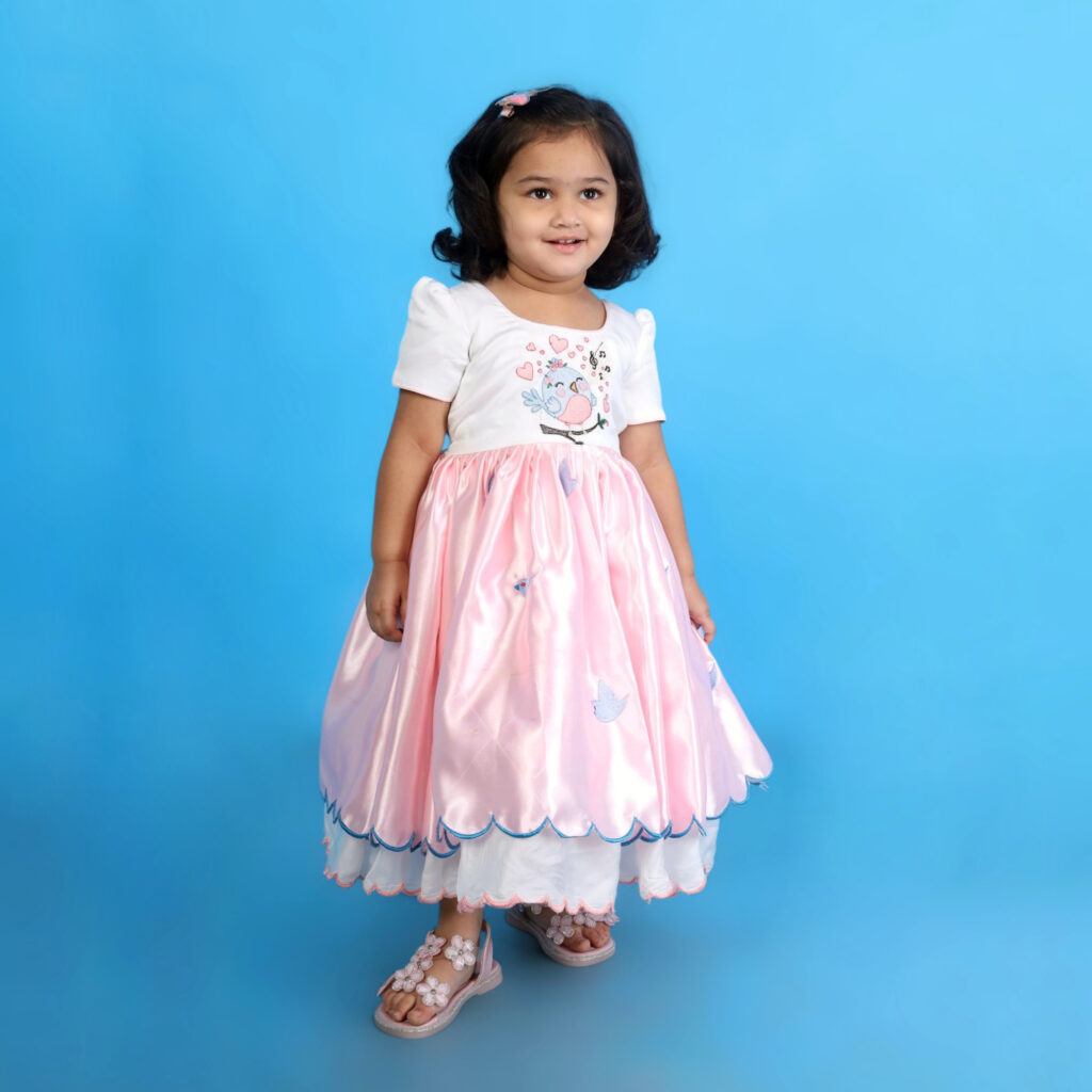 Front view of Aura organic satin kids frock with bird embroidery