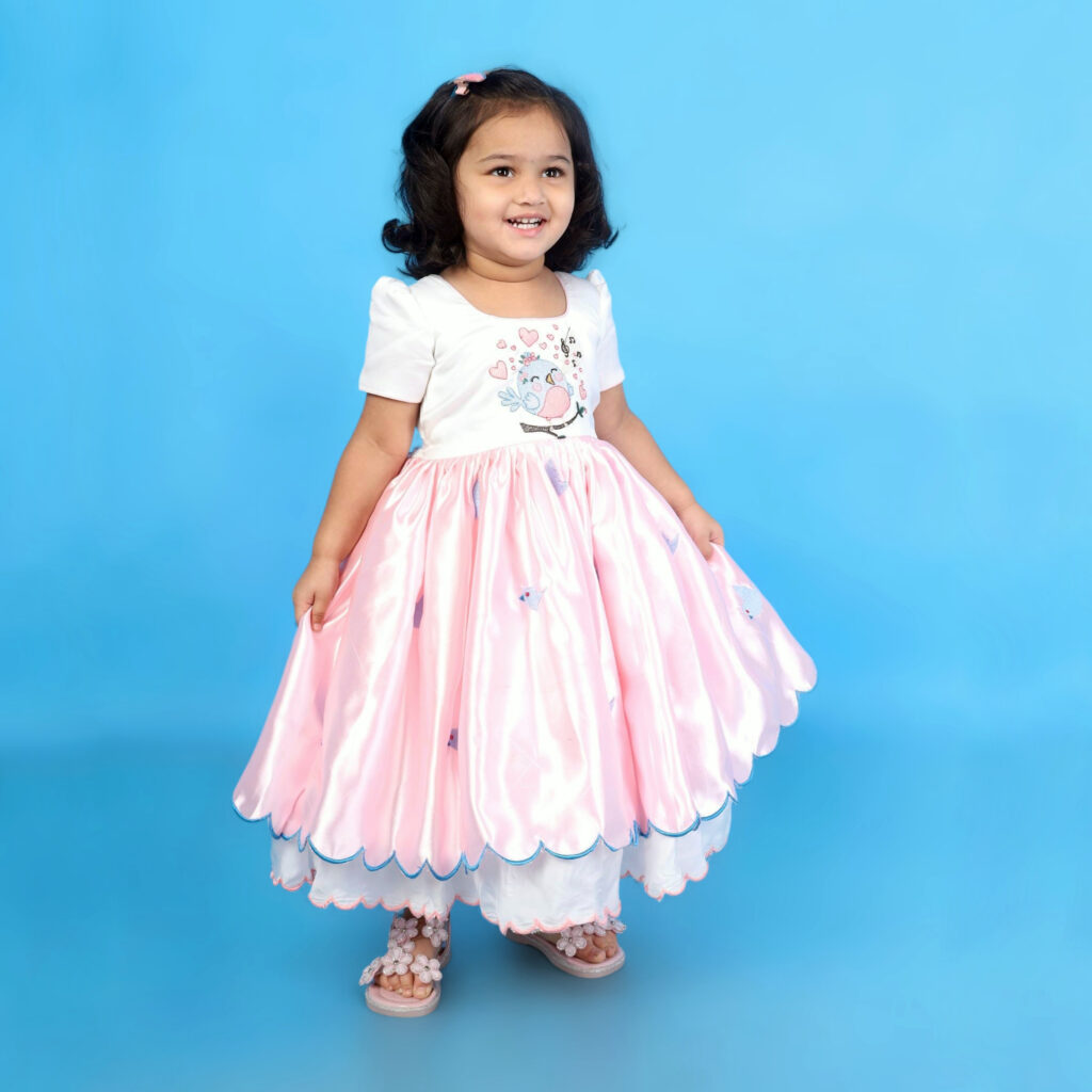 Aura organic satin kids frock full view in white and baby pink