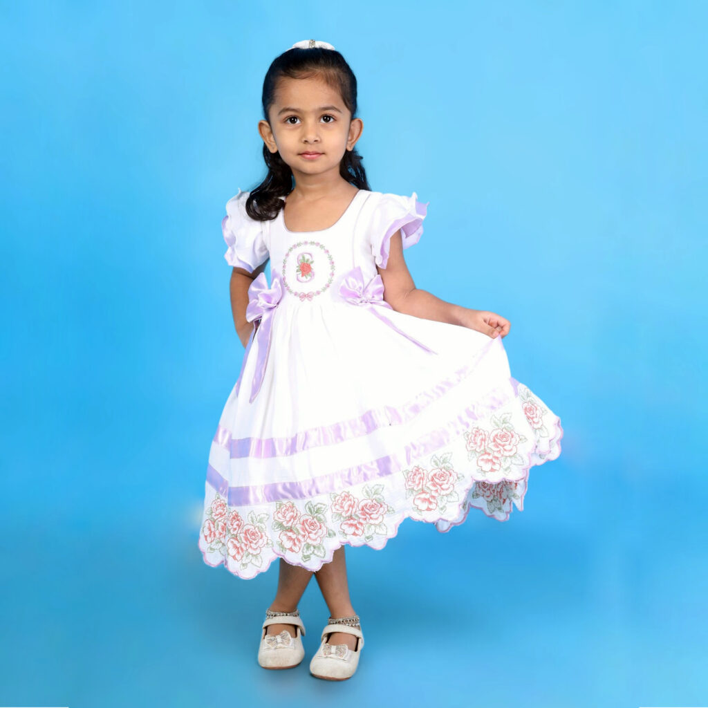 Mira organic cotton kids frock full view with alphabet embroidery