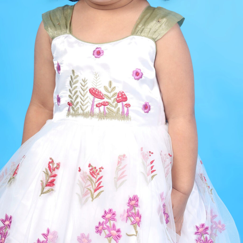 Designer white floral embroidery kids frock birthday dress