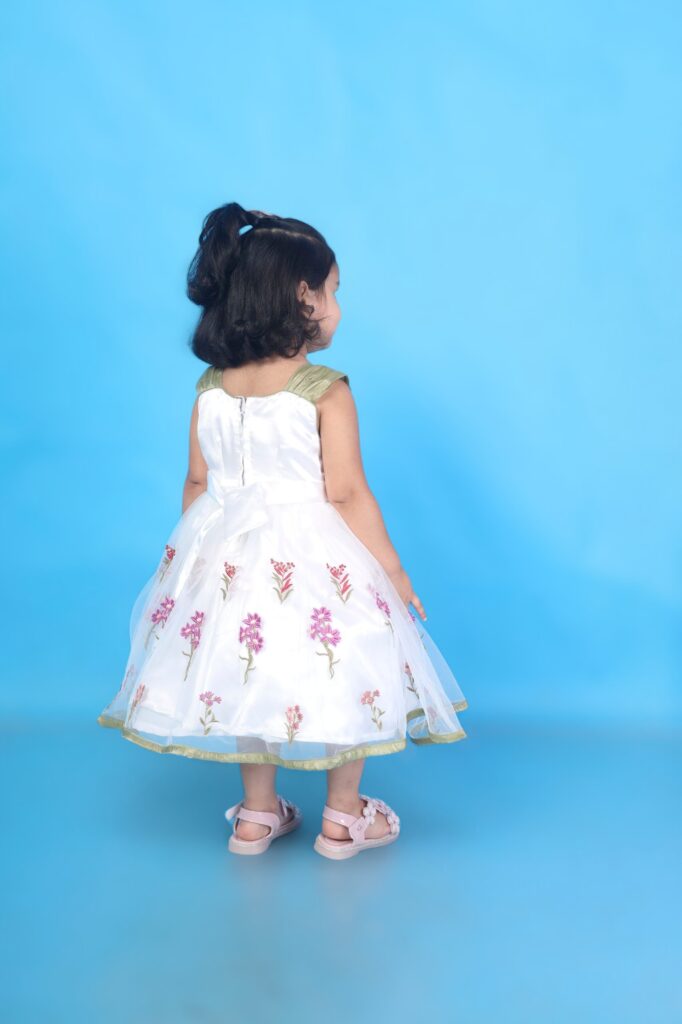Back view white net floral embroidery kids frock with zipper