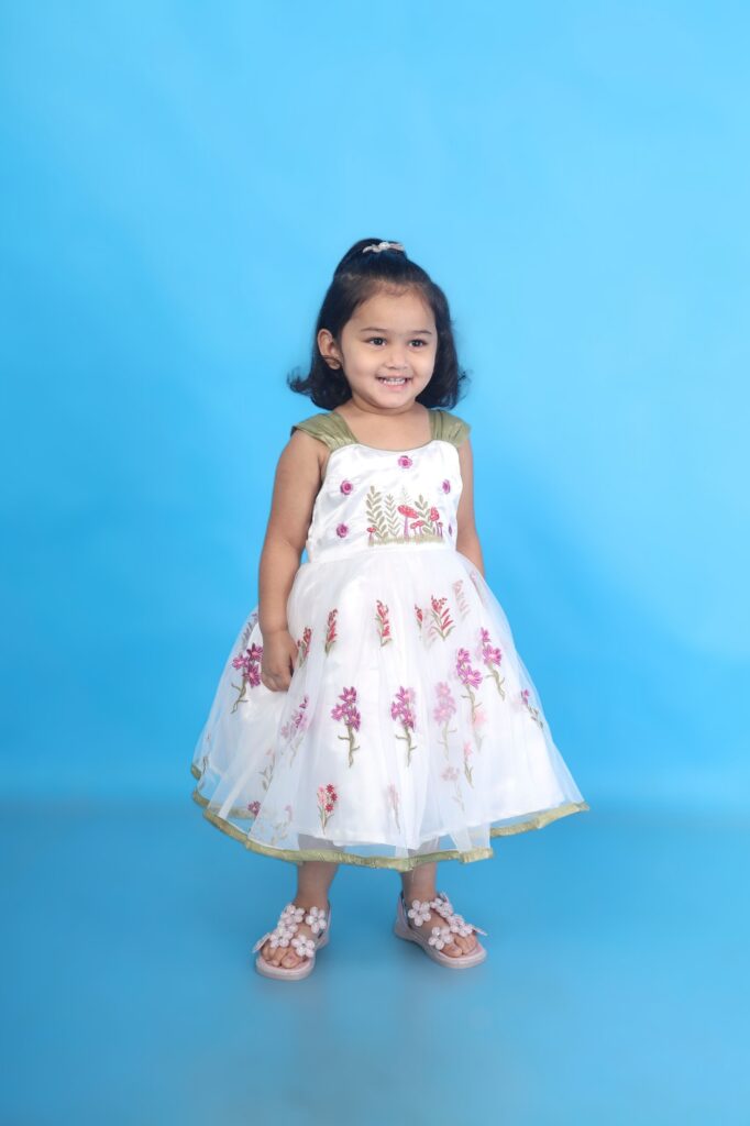 White net floral embroidery kids frock front view party wear dress