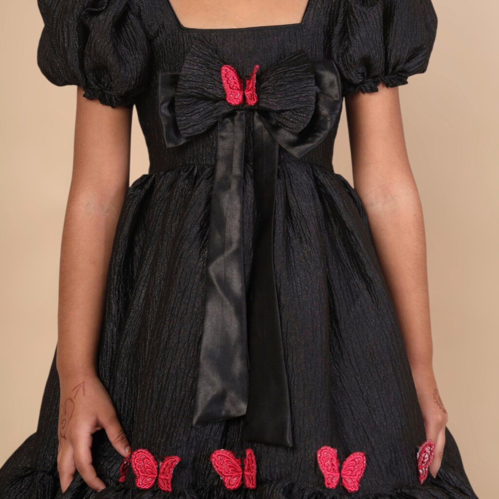 Embroidery detail midnight flutter long kids frock close view