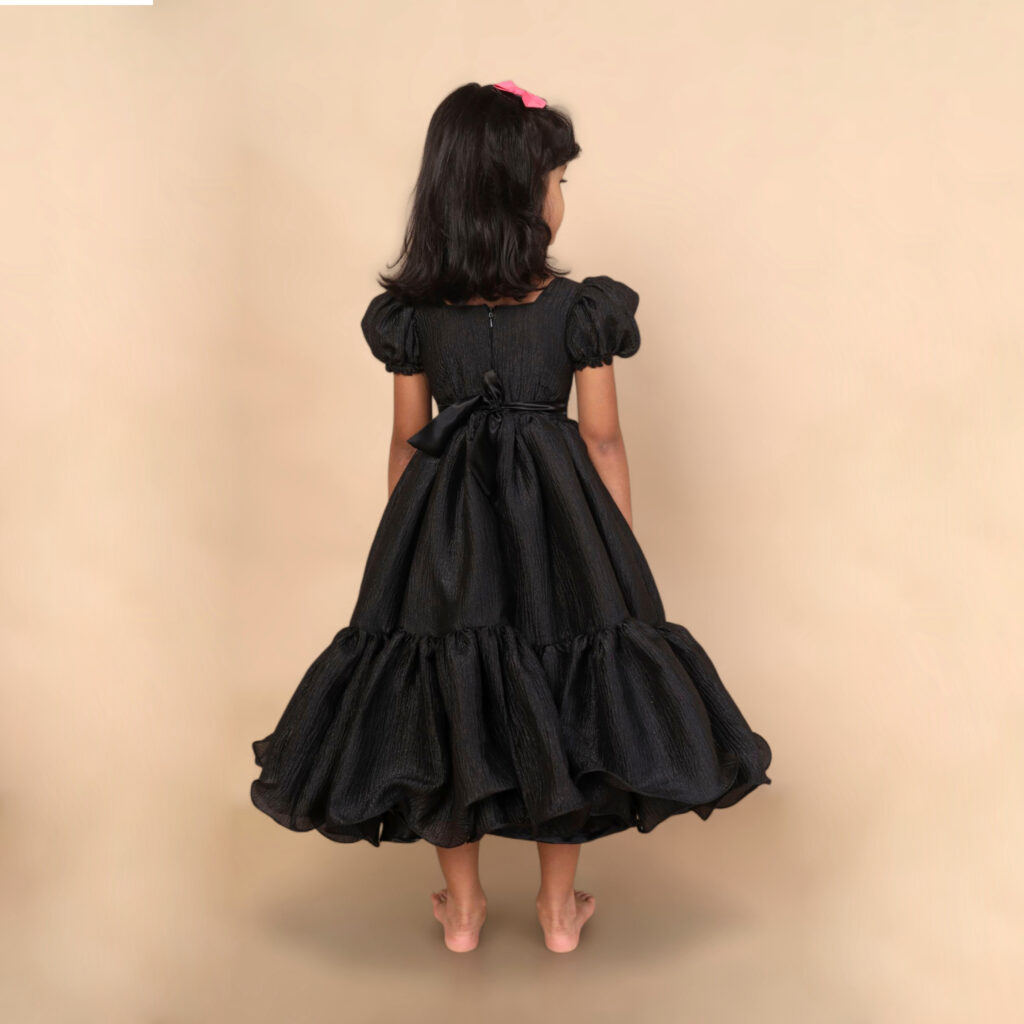 Back view midnight flutter long kids frock elegant long dress