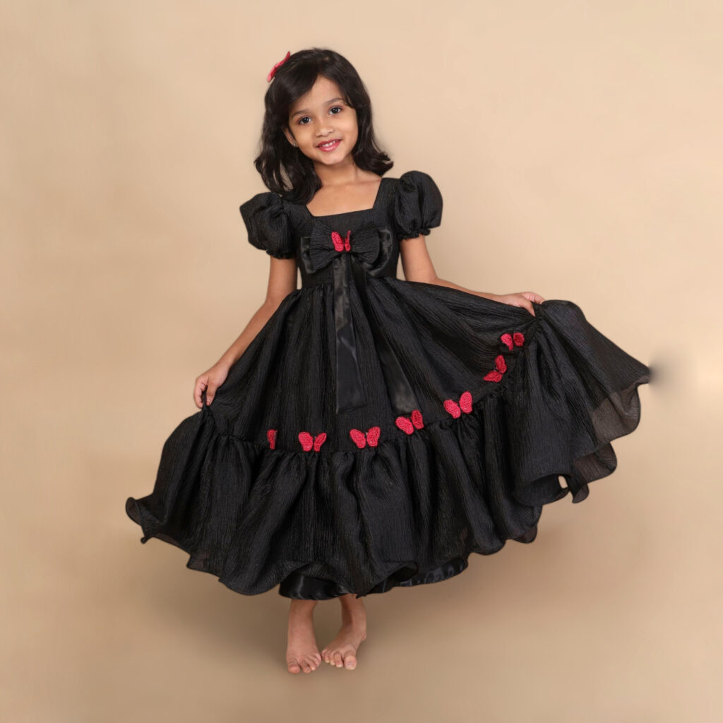 Midnight flutter long kids frock front view designer party wear dress