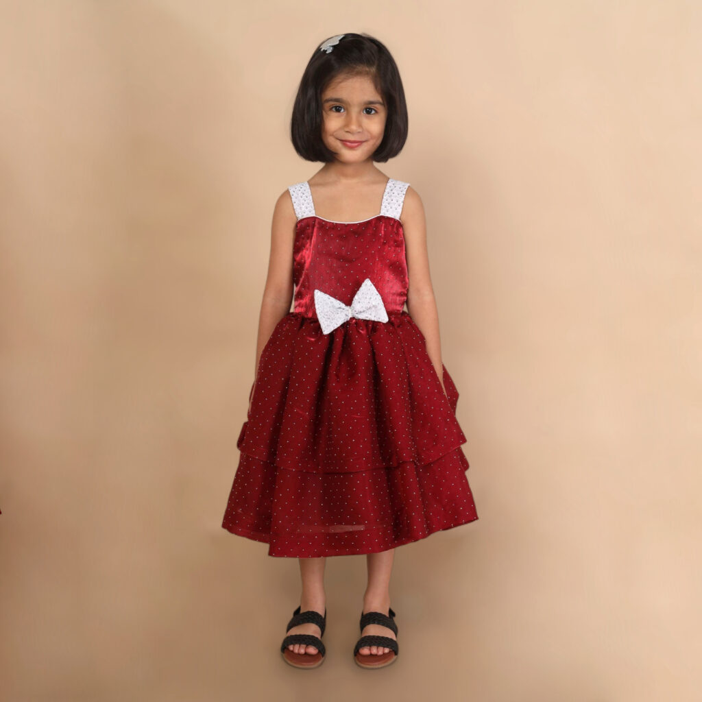 Festive cherry red layered frock for kids full view dress