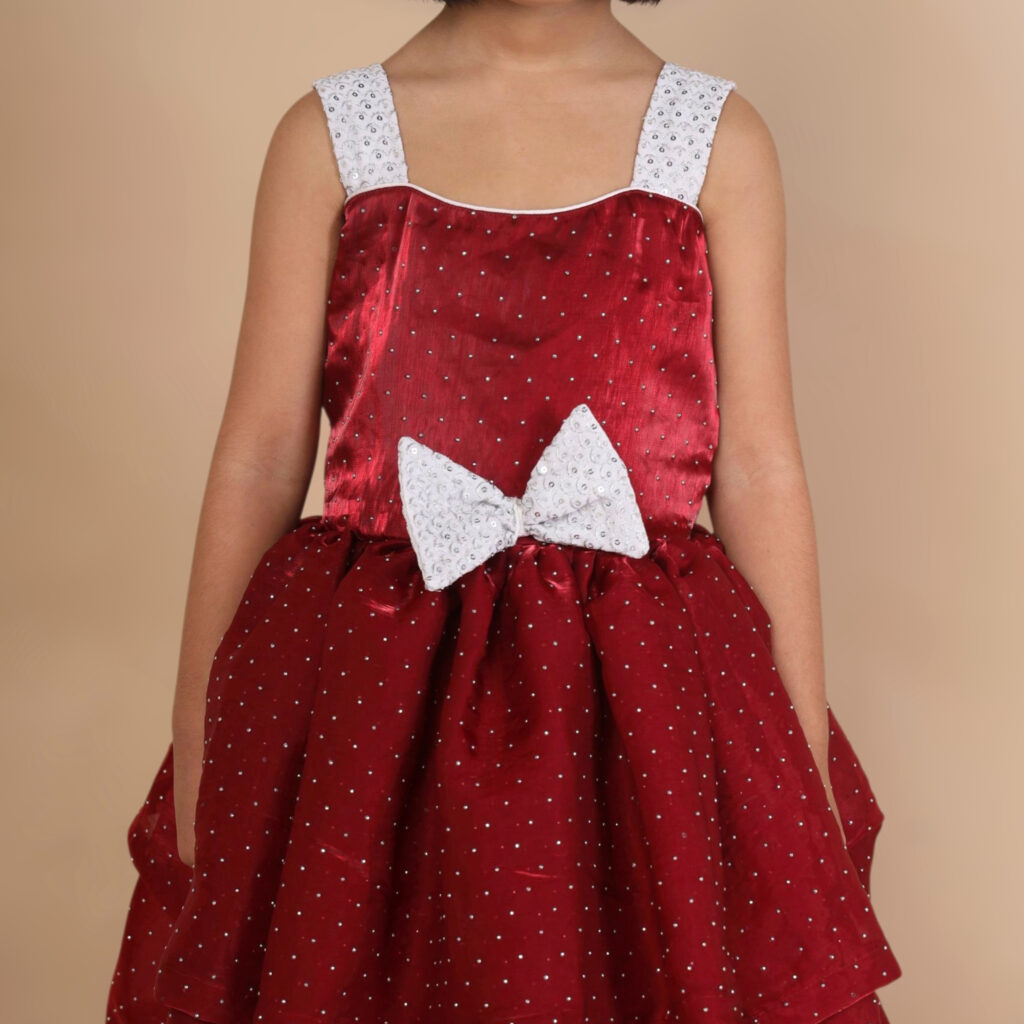 Cherry red layered frock hem detail stylish kids gown Varna Design Wear