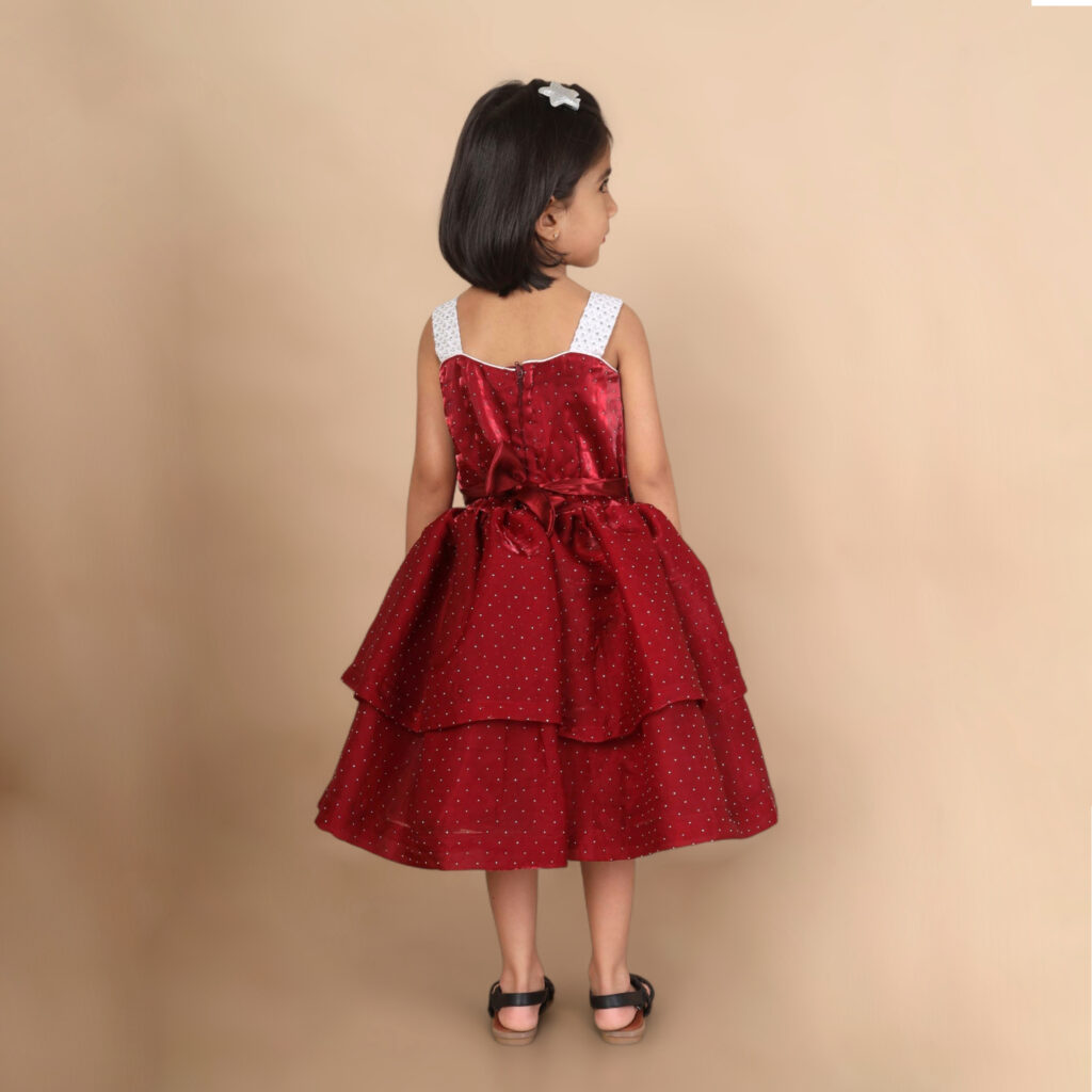 Yazh Nila cherry red layered frock back view premium kids dress