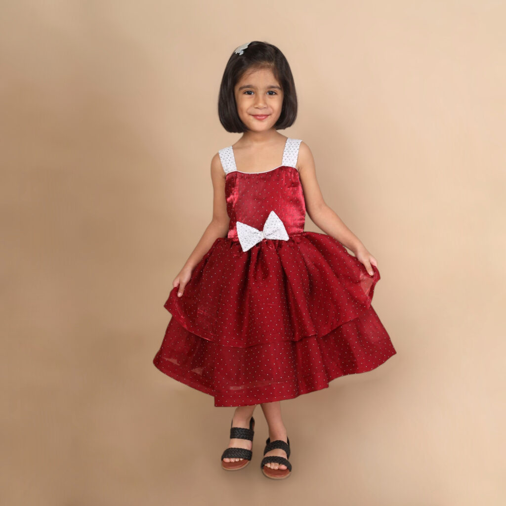 Yazh Nila cherry red layered frock front view festive kidswear dress
