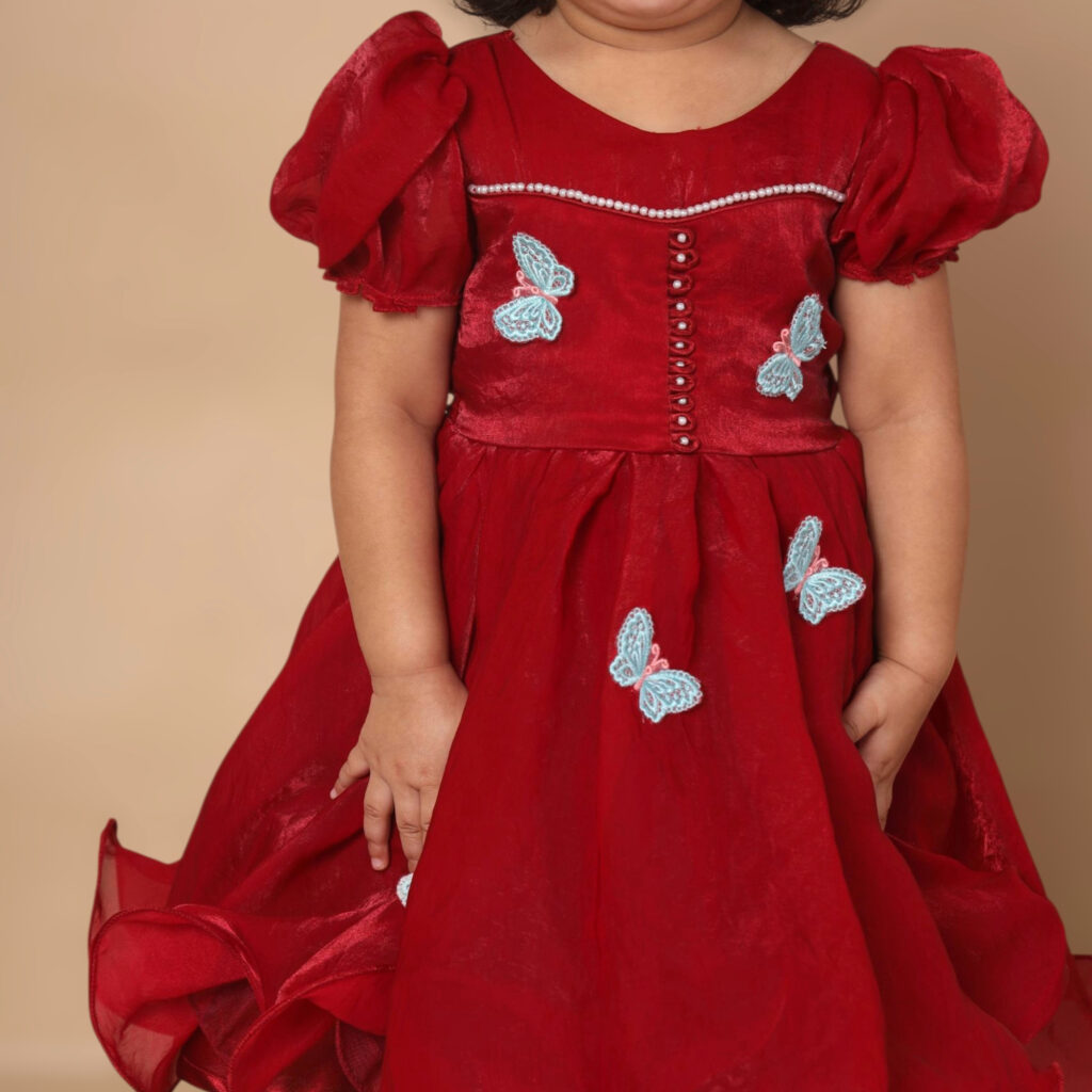 Puff sleeve scarlet butterfly kids frock red party wear dress