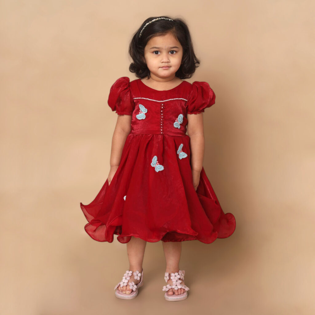Flared scarlet butterfly kids frock festive party wear look