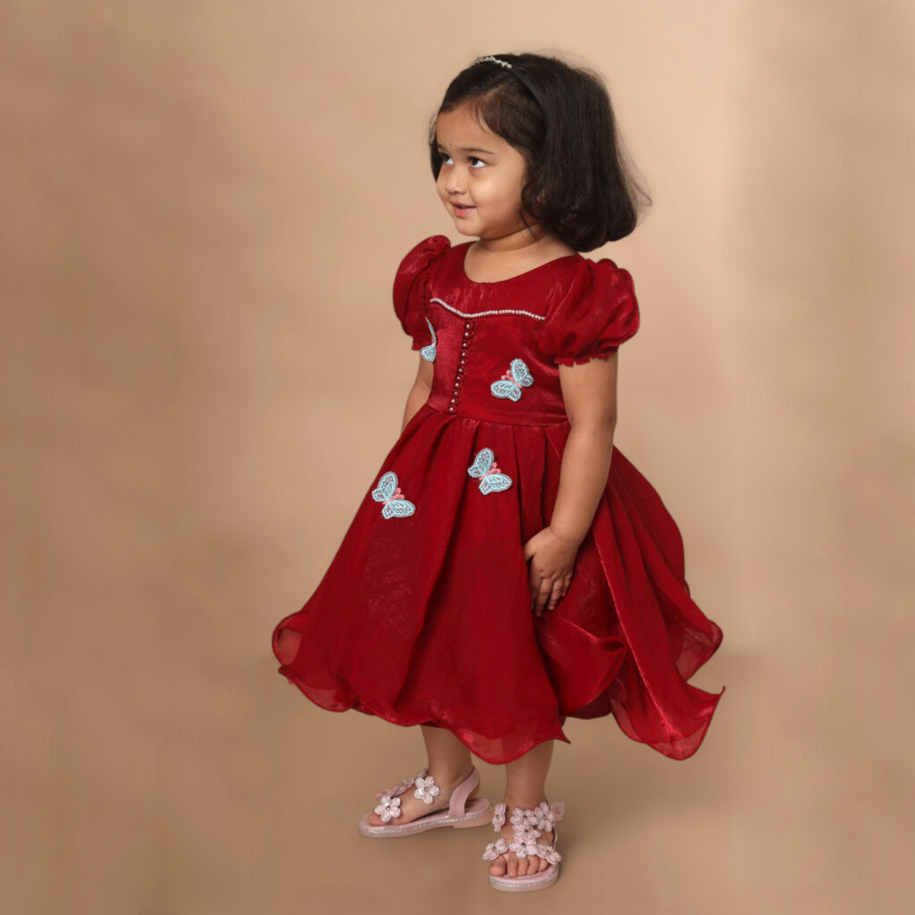 Side view scarlet butterfly kids frock flared designer dress