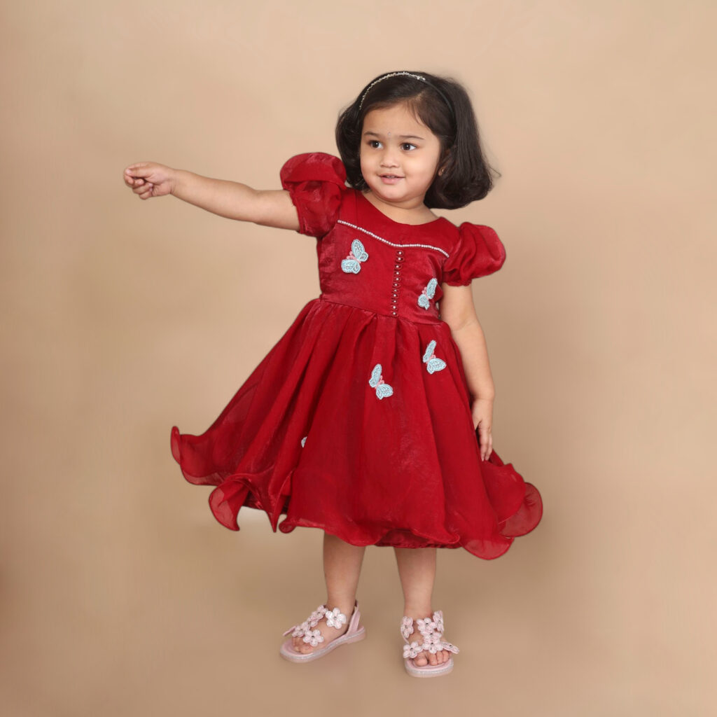 Designer scarlet butterfly kids frock red birthday party dress