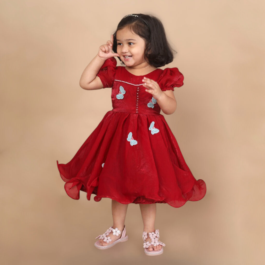 Scarlet butterfly kids frock front view red designer party wear dress