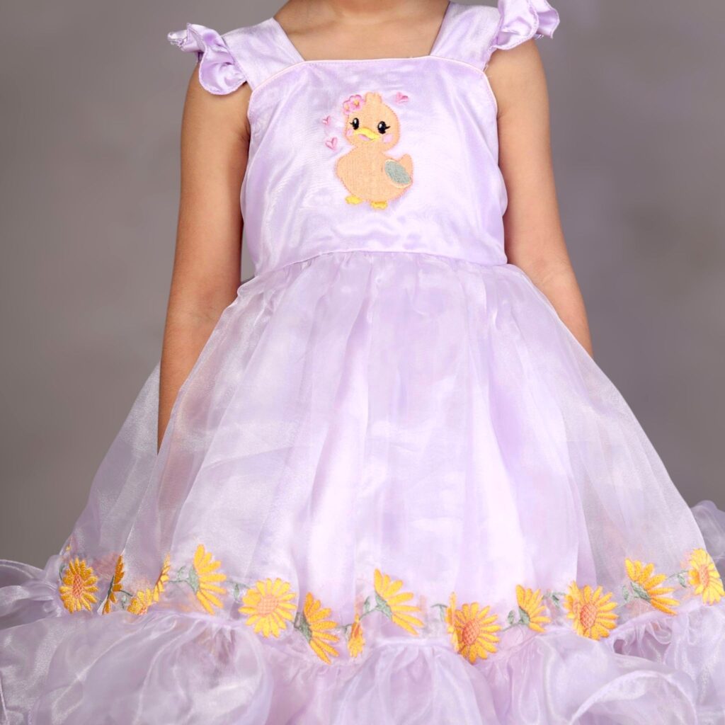 lavender girls frock bodice embroidery detail close up