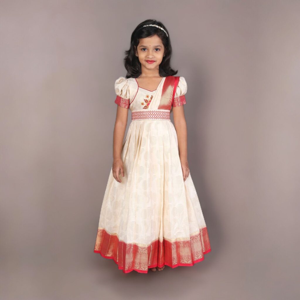 White and red traditional long gown for girls with puff sleeves 1
