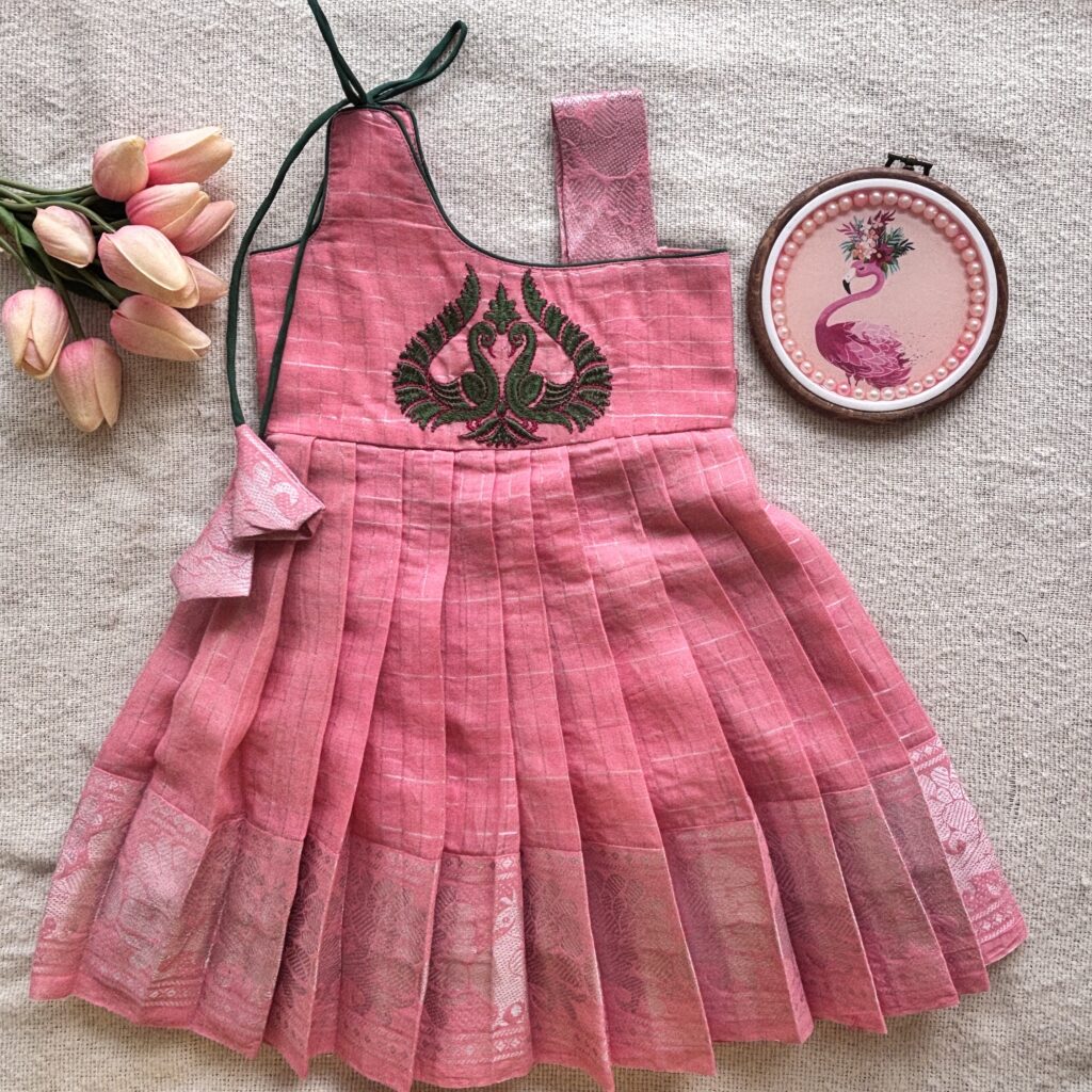 Peacock embroidered kids frock front view in Sungudi cotton
