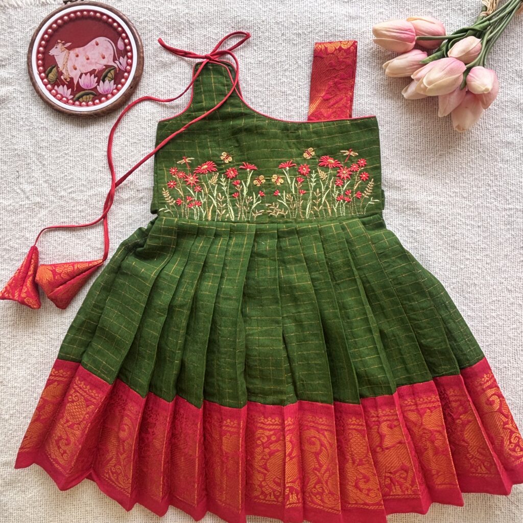 Floral embroidered kids frock in Sungudi cotton 1 11