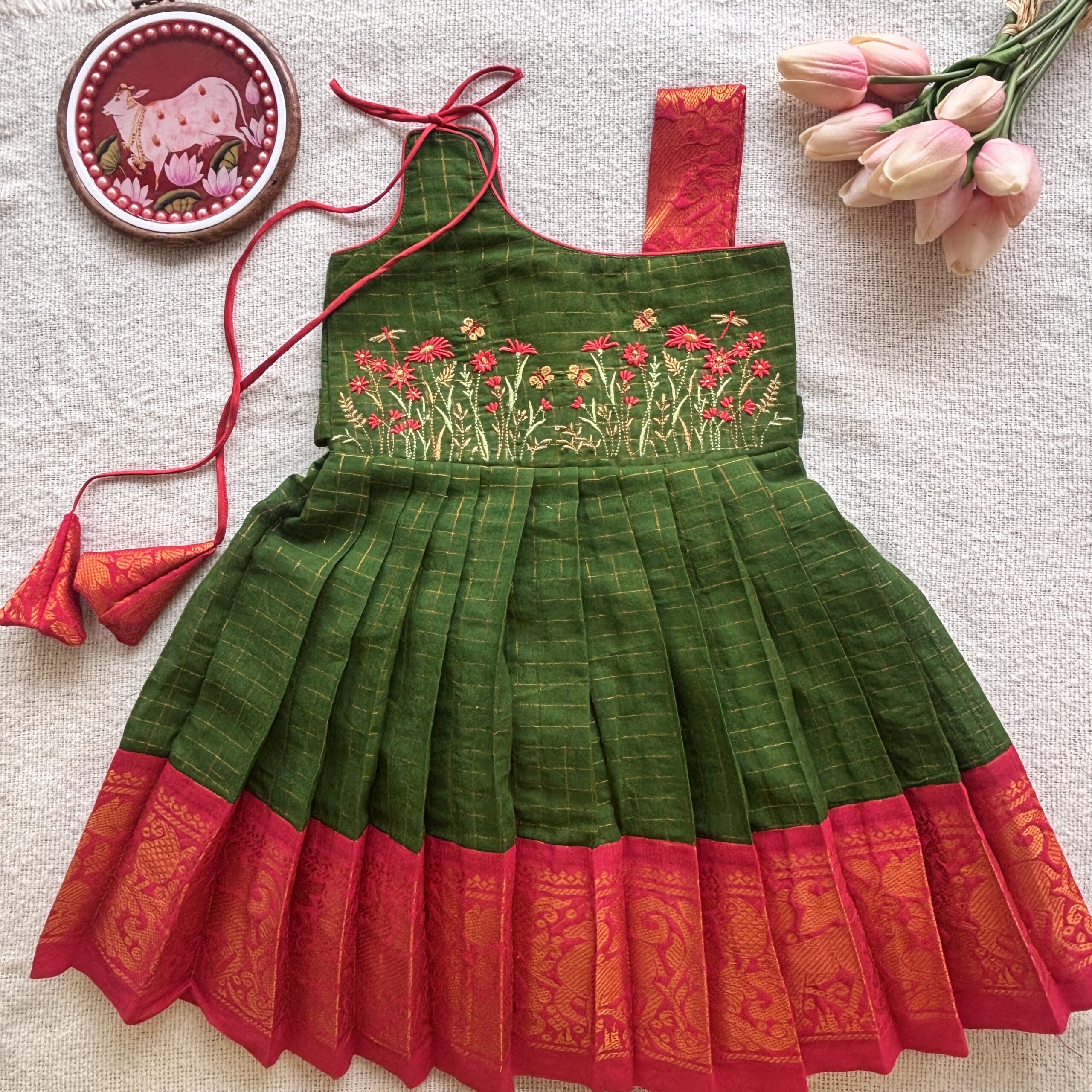 Floral embroidered kids frock in Sungudi cotton 1 11