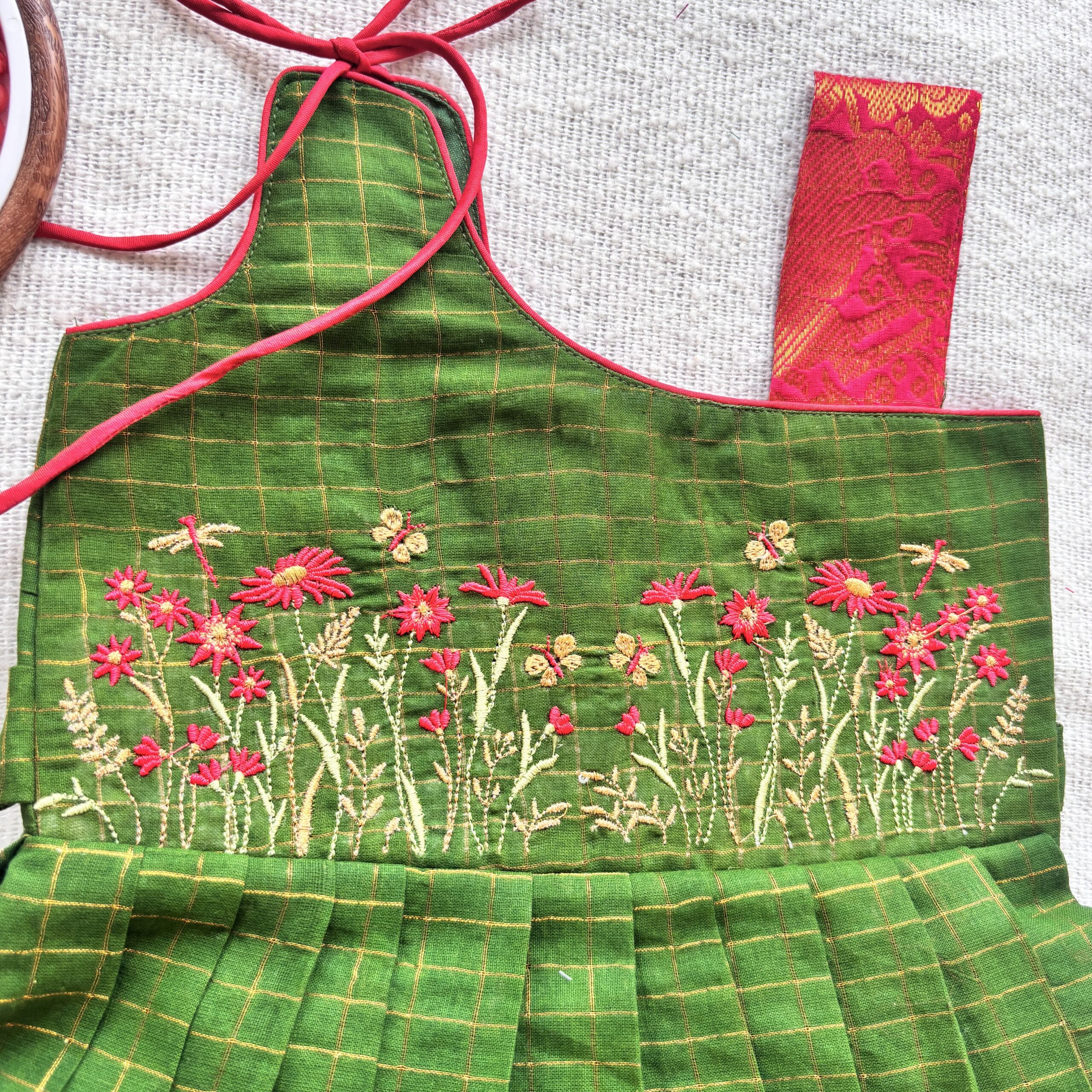 Floral embroidered kids frock in Sungudi cotton 1 4