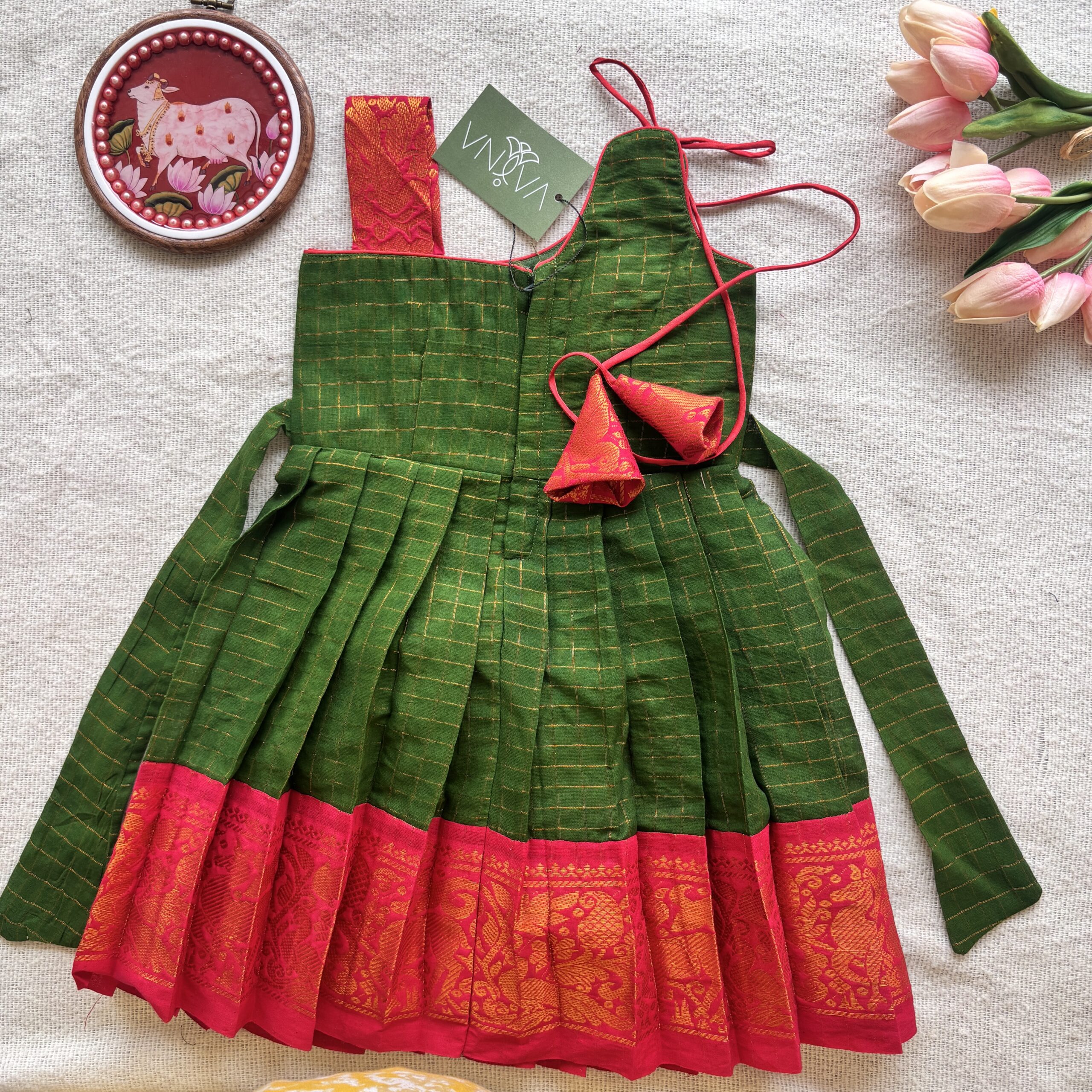 Floral embroidered kids frock in Sungudi cotton 1