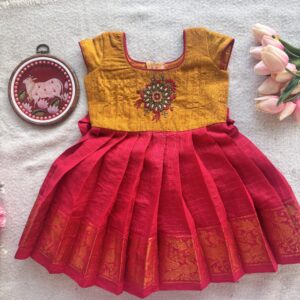 Mustard yellow and red embroidered kids festive frock full front view
