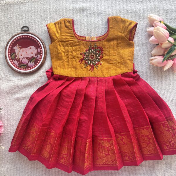 Mustard yellow and red embroidered kids festive frock full front view
