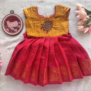 Mustard yellow and red embroidered kids festive frock full front view