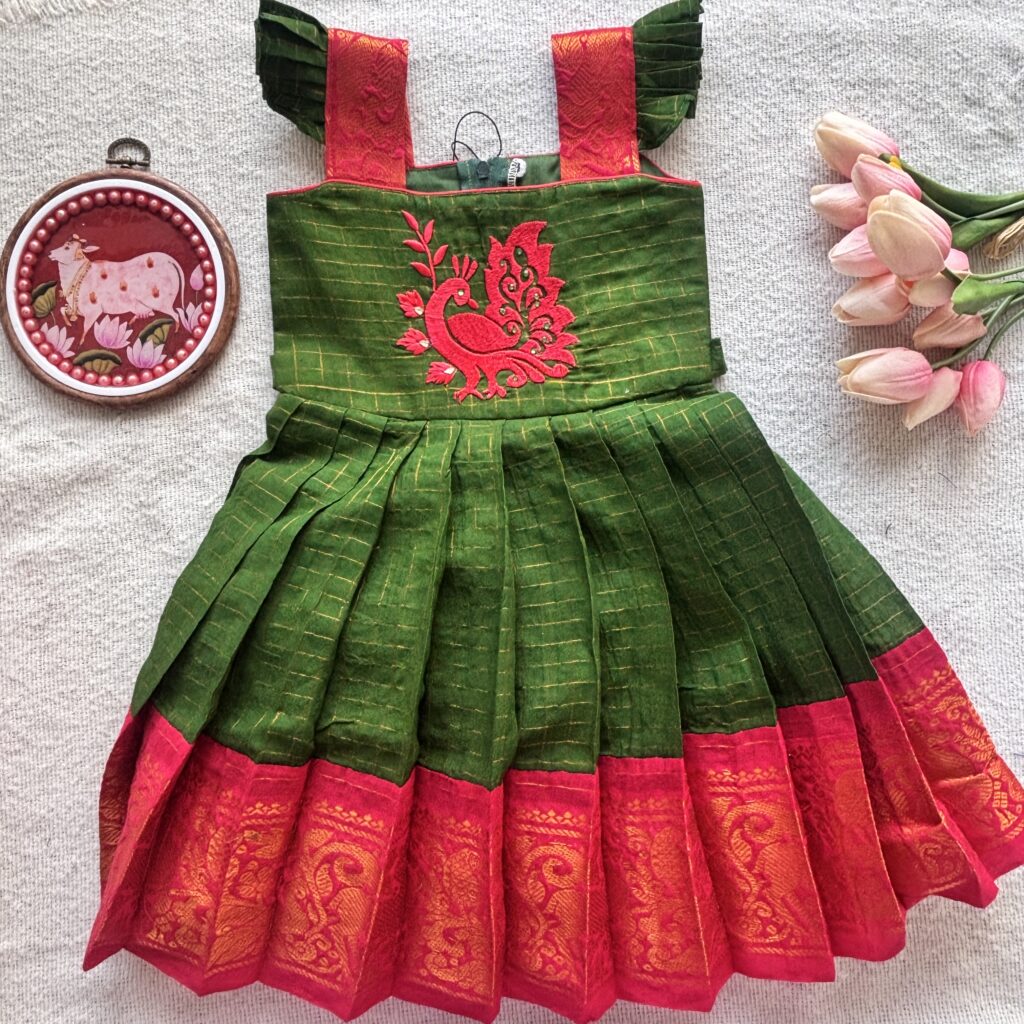 Green Sungudi kids frock with peacock embroidery – Amora collection
