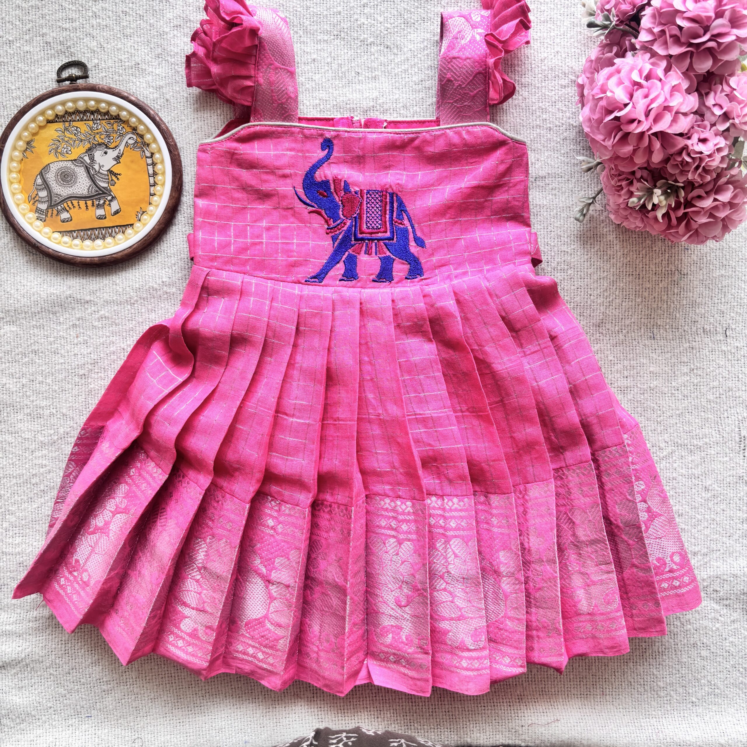 Amora | Little Diva Sungudi Kids Frock- Elephant - Image 2