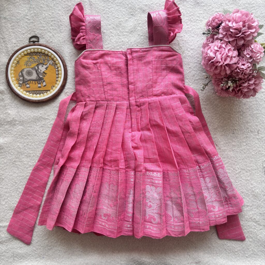 Pink elephant embroidered kids festive frock full back view