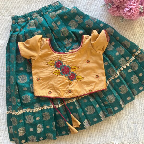 Taara teal skirt and beige embroidered crop top set for girls full view