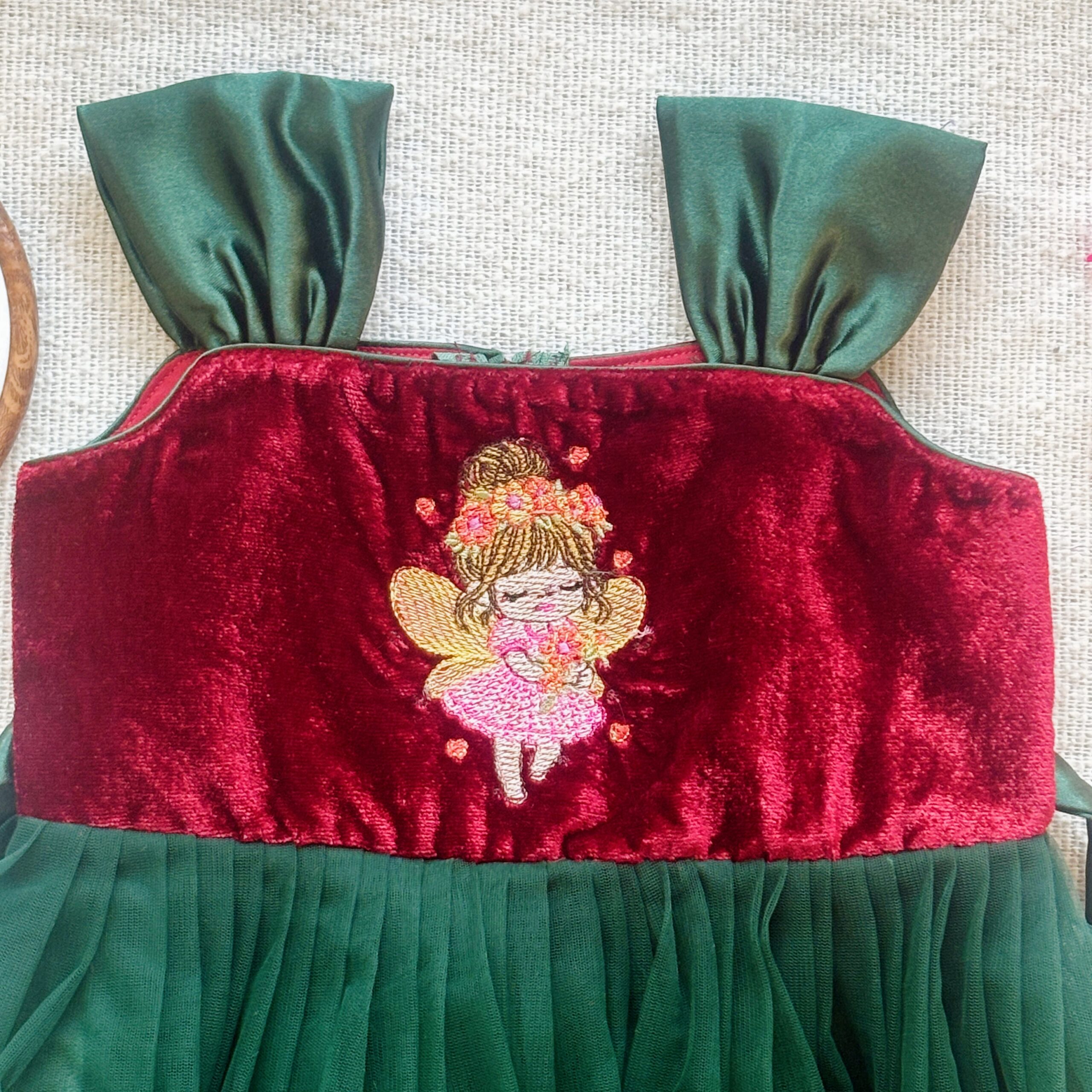 Side view of Taara maroon velvet long frock for girls