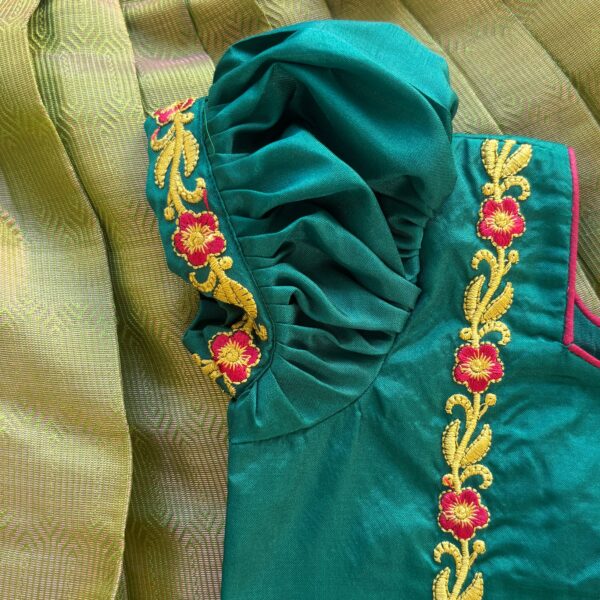 Close up kolam print detail on Taara green skirt and crop top set