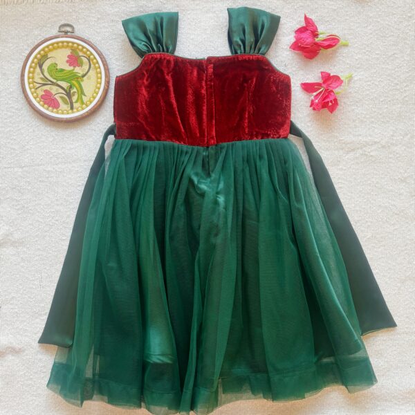 Back view of Taara maroon velvet long frock for girls