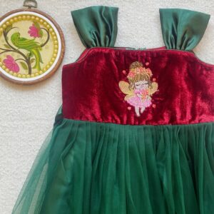 Front view of Taara maroon velvet long frock for girls