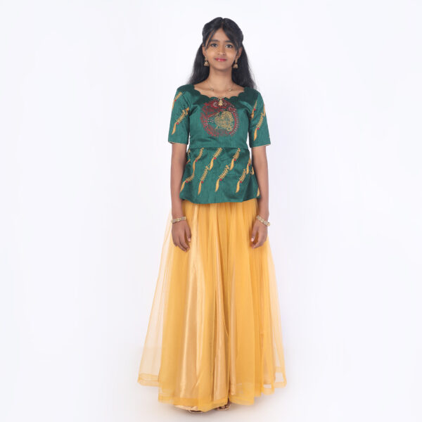 Full length mustard and green girls skirt and peplum top set