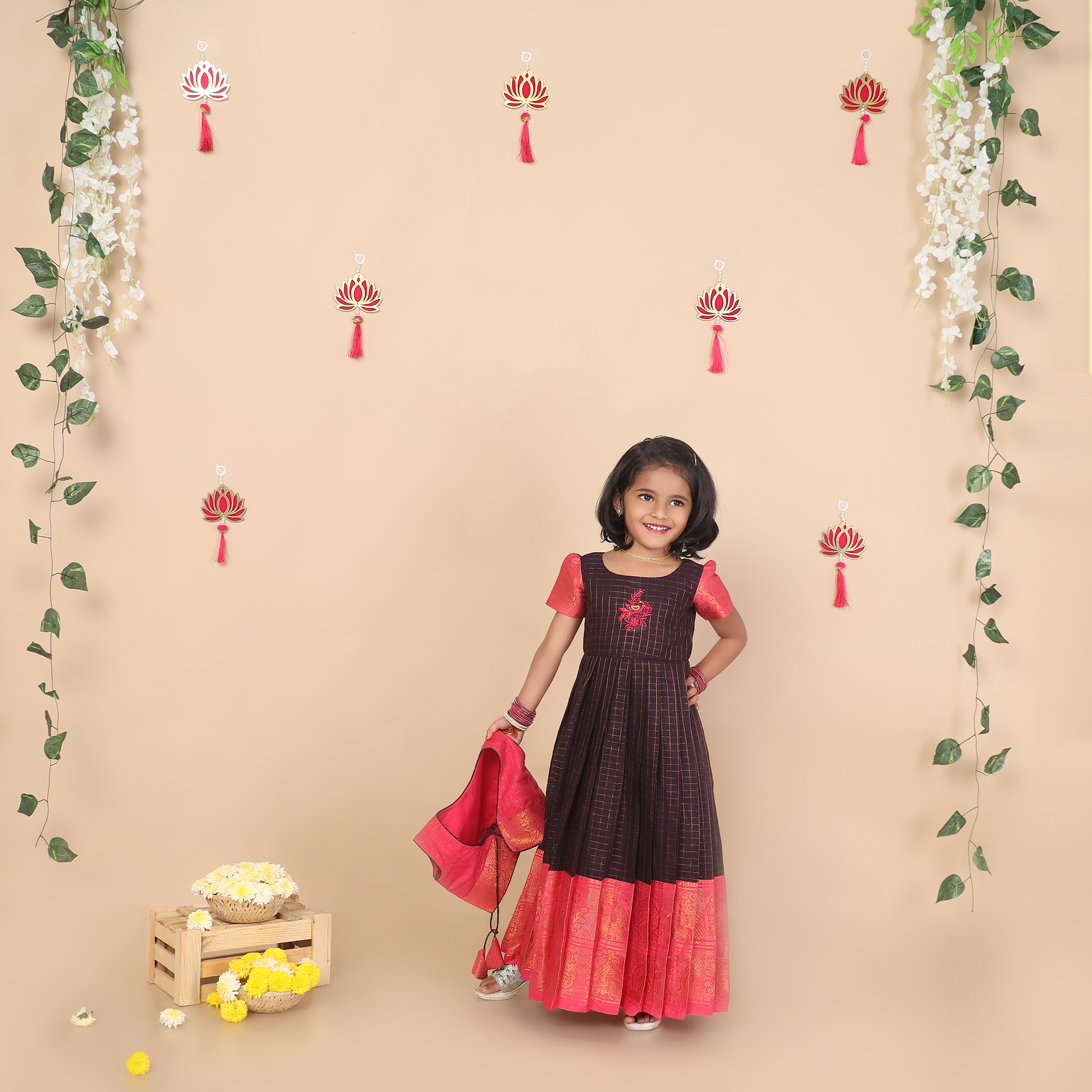 Deep brown and pink ethnic jacket for girls full view