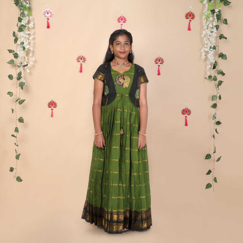 Nigal Mathi olive green ethnic jacket for girls full view