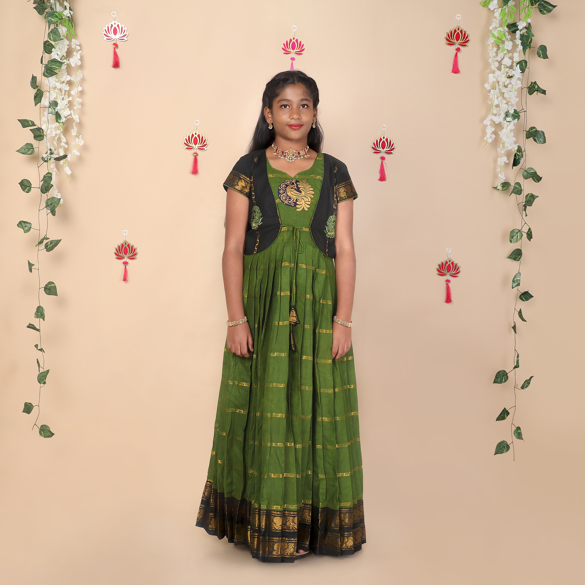 Nigal Mathi olive green ethnic jacket for girls full view